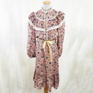 Vintage Candi Jones prairie dress pink blue floral roses ruffle midi size 13